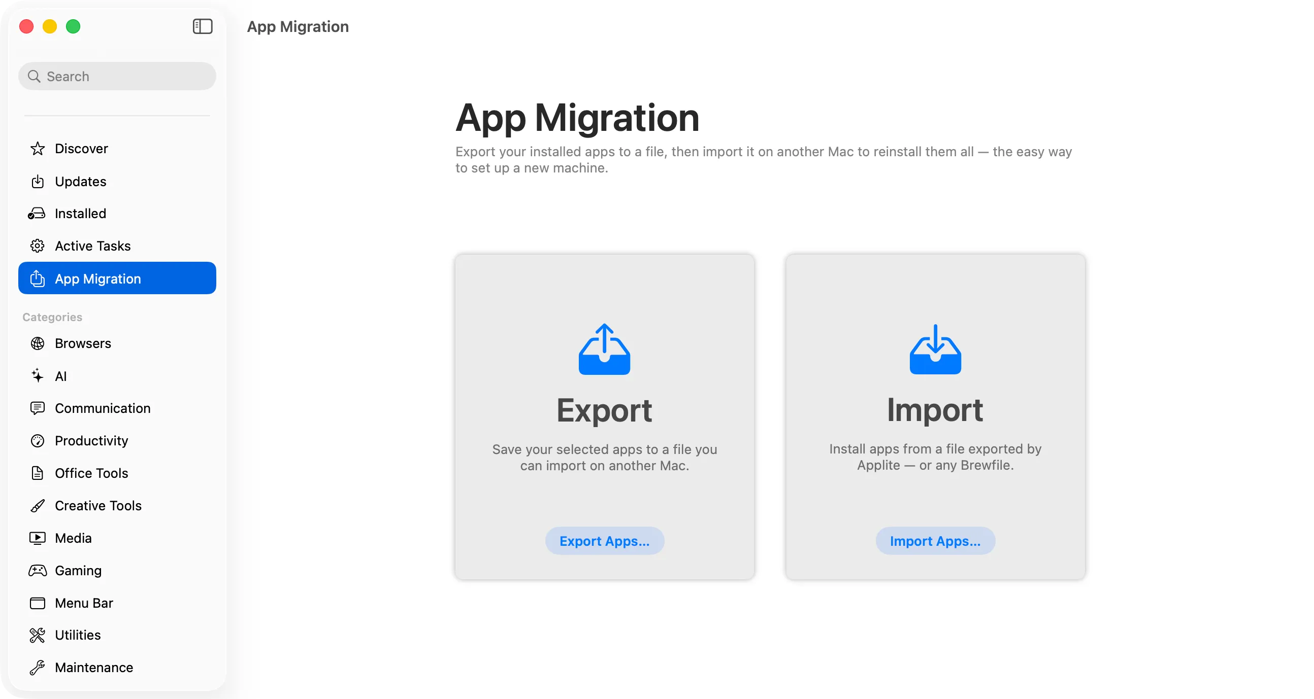 The App Migration screen, offering to export the apps on this Mac or import a list from another one.