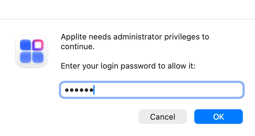 A password prompt showing the Applite icon and a field for the administrator password.
