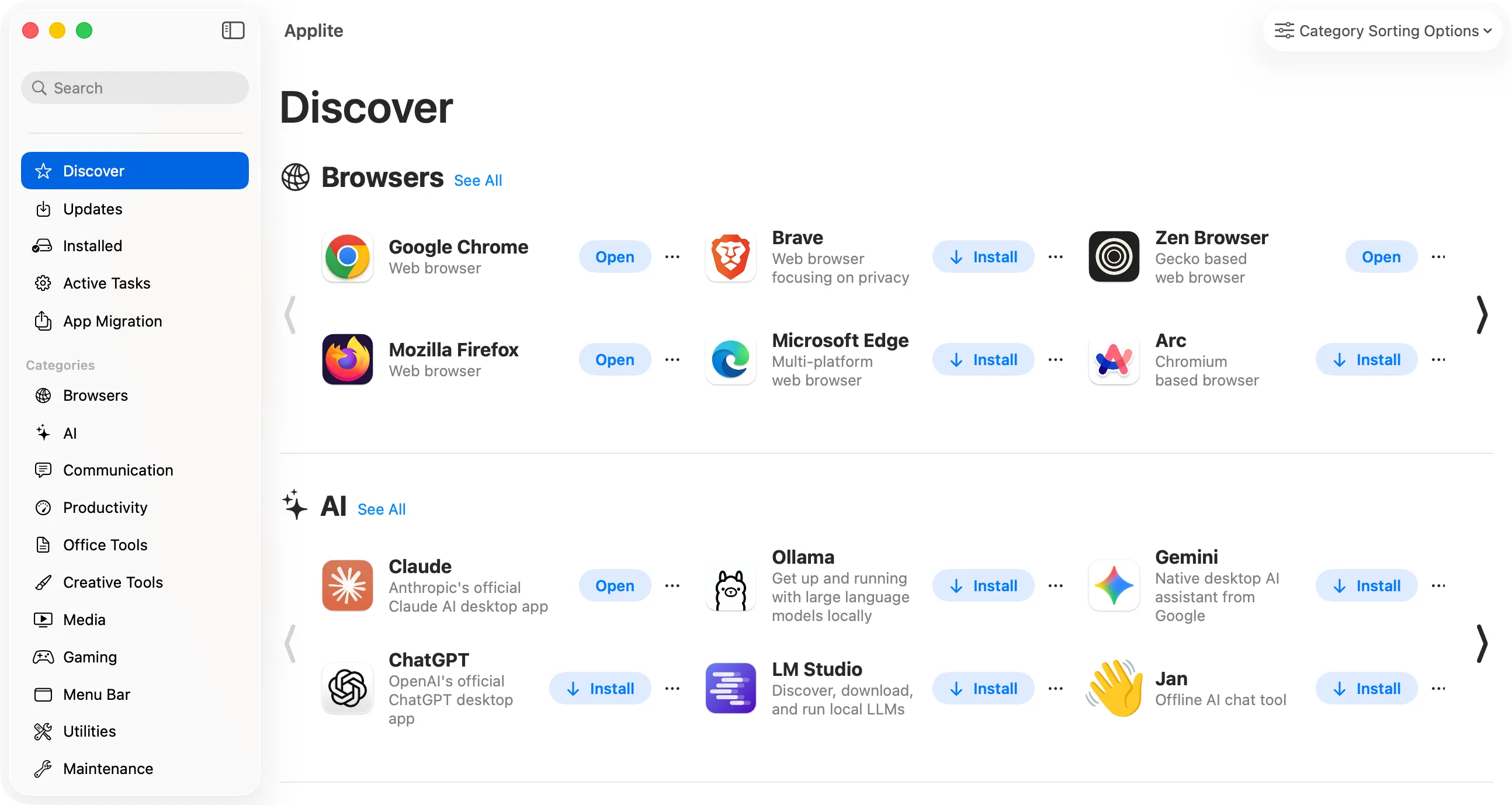 The Applite window showing a grid of apps in the Discover section, each with its icon, name and a Get button.