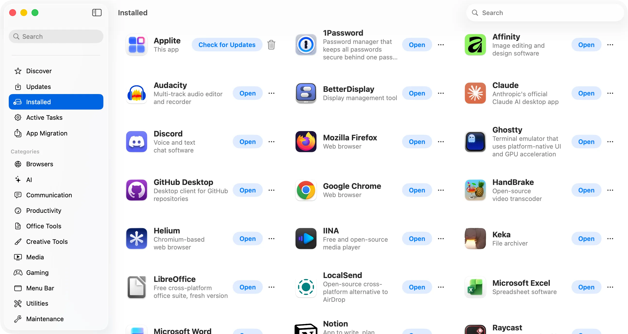 The Installed section listing the apps installed through Applite.